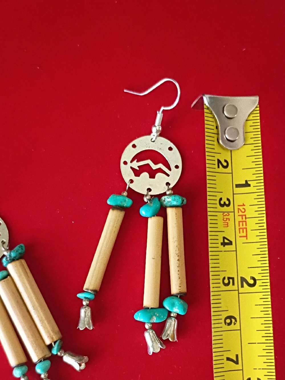 Native American Earrings  Silver Pllated Buffalo, Tulip And Turquoise Beads - Picture 11 of 11